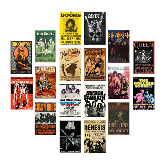 Posters Inc Pack of 18 Rock Band Vintage Stickers for Bedroom, Music Poster for Wall, Collection of World Tour Concert Light Show Photos of Favourite Idol, 4*6 inch Size Not Framed, Glue Dots Included