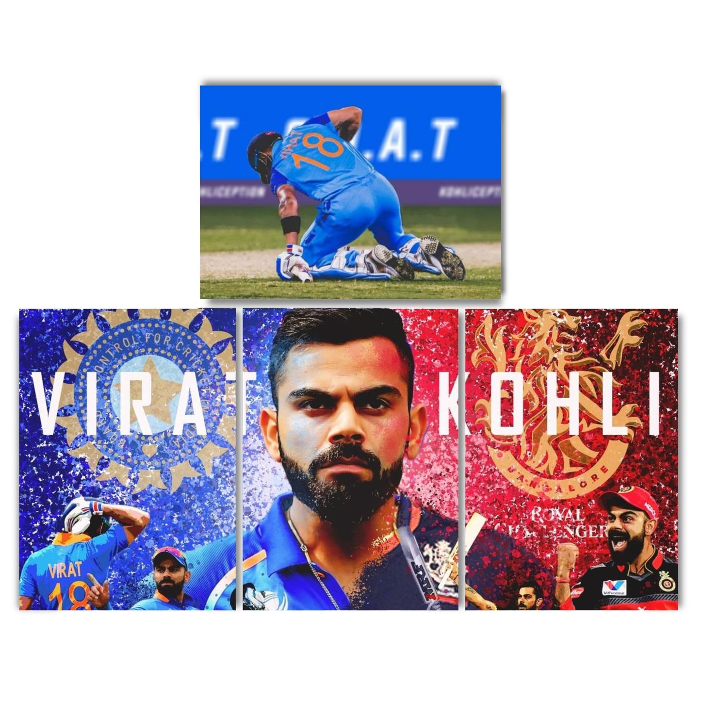 Posters Inc Virat Kohli RCB Split Wall Poster Set Of 4 300 Gsm Matte Paper A4 Size Pack Of 4 Posters Glue Dots Included For Room Decoration Cricket Theme Premium Print For Bedroom Office Decor