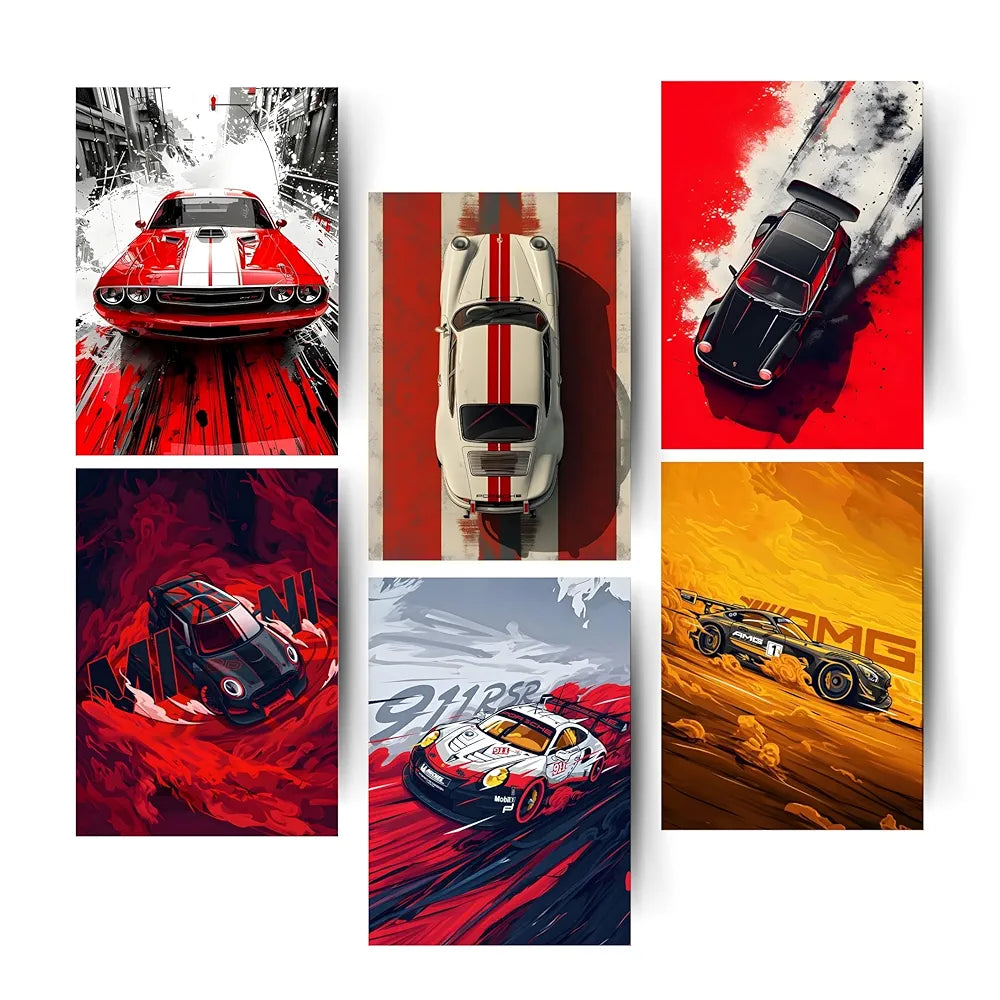Posters Inc A4 Super Cars Poster Pack of 6 - Room Decor Aesthetic Stuff, Wall Stickers For Home Decoration of Living Room, Bedroom & Office For Motor Sport Enthusiasts - With Glue Dots