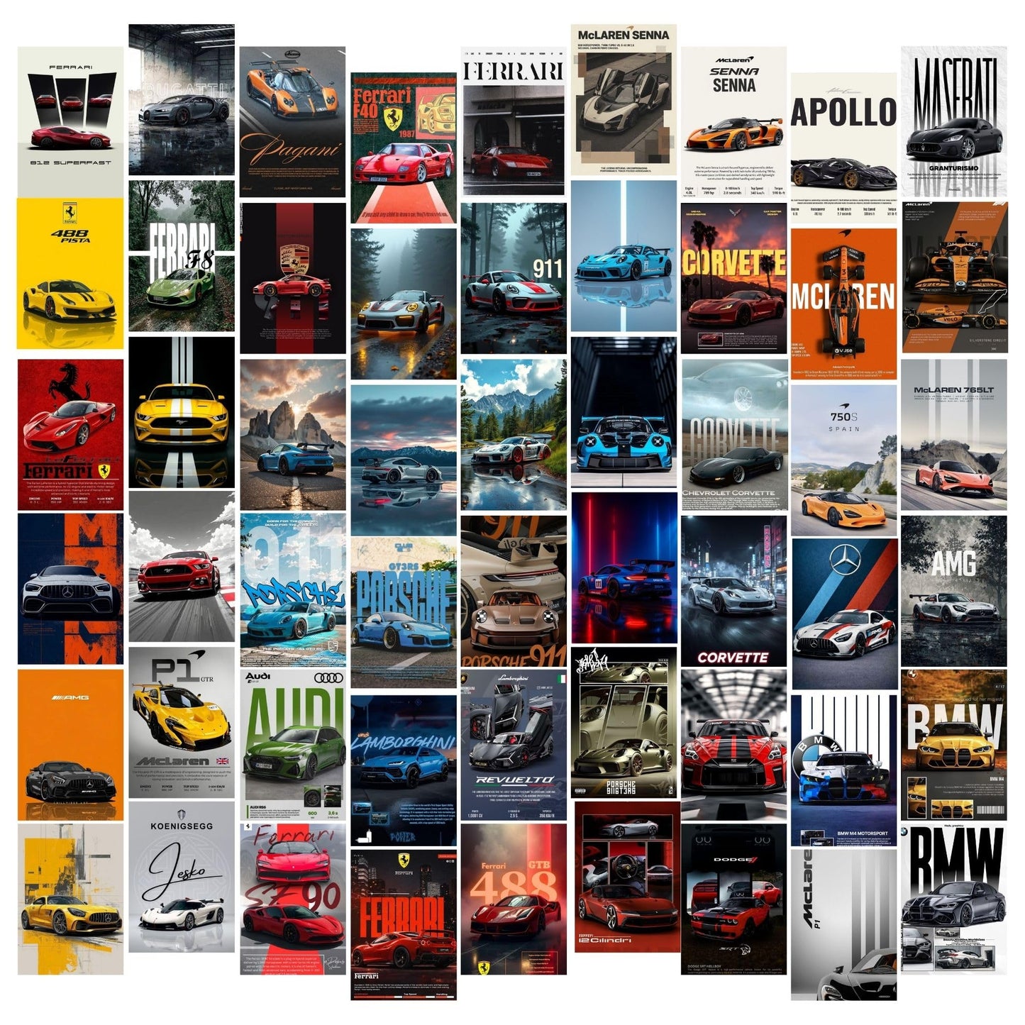 Posters Inc Exotic Performance Speed Machine Artwork A6 Mini Print Bundle Of 54 Modern Motorsport Theme Decoration For Home Office Teen Space Display Includes Easy Mount Glue Dots Pack