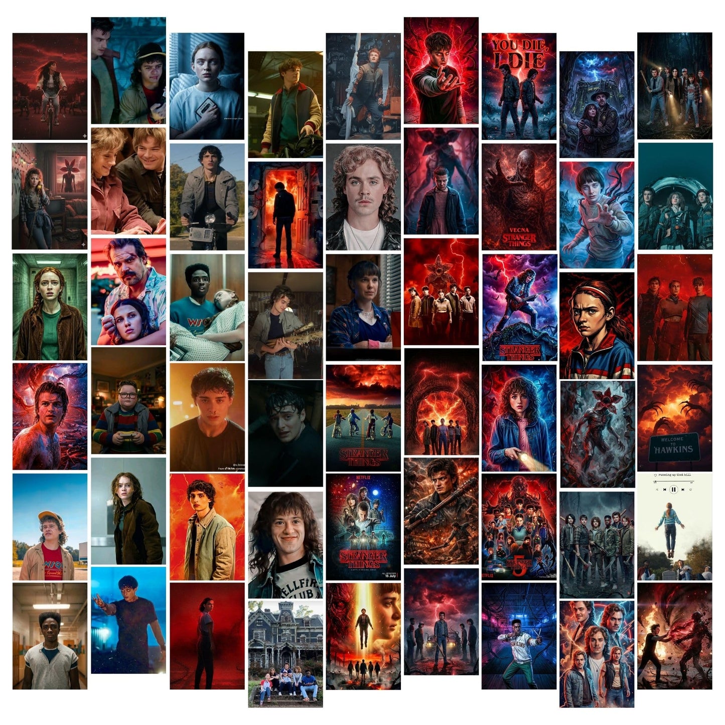 Aonami Stranger Things Character Wall Art Set A6 Size Pack of 54 Posters Printed on 300 GSM Matte Paper HD Graphic Prints Stranger Things Room Decor for Bedroom Study Area Hostel Wall Setup Glue Dots Included