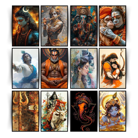 Posters Inc Set of 12 Aesthetic Divine God Posters with Black Border, Spiritual Deity Wall Art for Peace and Serenity, HD Quality Print on 300 GSM A4 Size 8*12 Inch, Glue Dots Included, God Posters for Wall