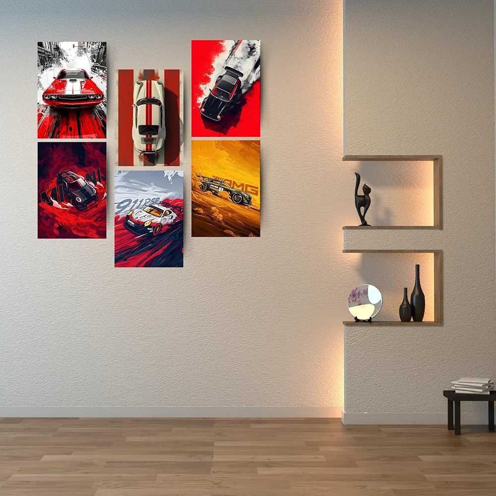 Posters Inc A4 Super Cars Poster Pack of 6 - Room Decor Aesthetic Stuff, Wall Stickers For Home Decoration of Living Room, Bedroom & Office For Motor Sport Enthusiasts - With Glue Dots