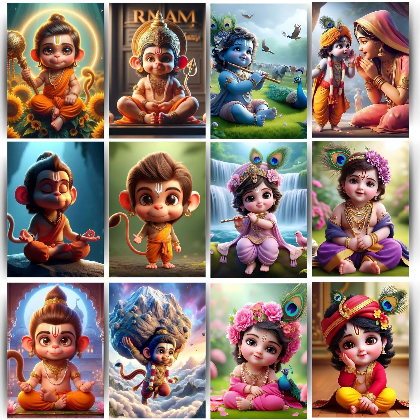 Posters Inc Pack of 12 Positive Vibes Baby Hanuman Ji & Bal Krishna Sticker, Cute God Posters for Pregnant Women, HD Quality Print on 300 GSM Matte Paper, A4 Size 8 * 12 Inch, Glue Dots Included