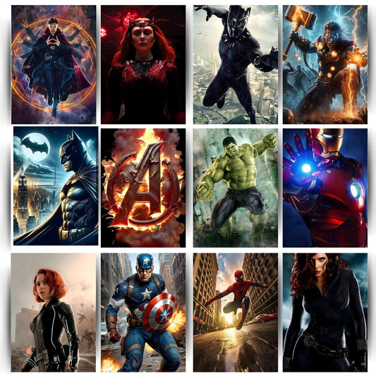 Posters Inc Set of 12 Marvel Heroes Posters for Wall, Home Decoration Items for Living Room, Aesthetic Wall Stickers for Bedroom, Birthday Gift for Men, 300 GSM A4 Size Paper, Glue Dots Included