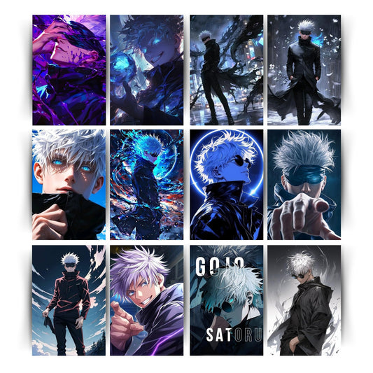 Posters Inc Set of 12 Anime Gojo Posters for Wall, Home Decoration Items for Living Room, Aesthetic Wall Stickers for Bedroom, Birthday Gift for Men, 300 GSM A4 Size Paper, Glue Dots Included
