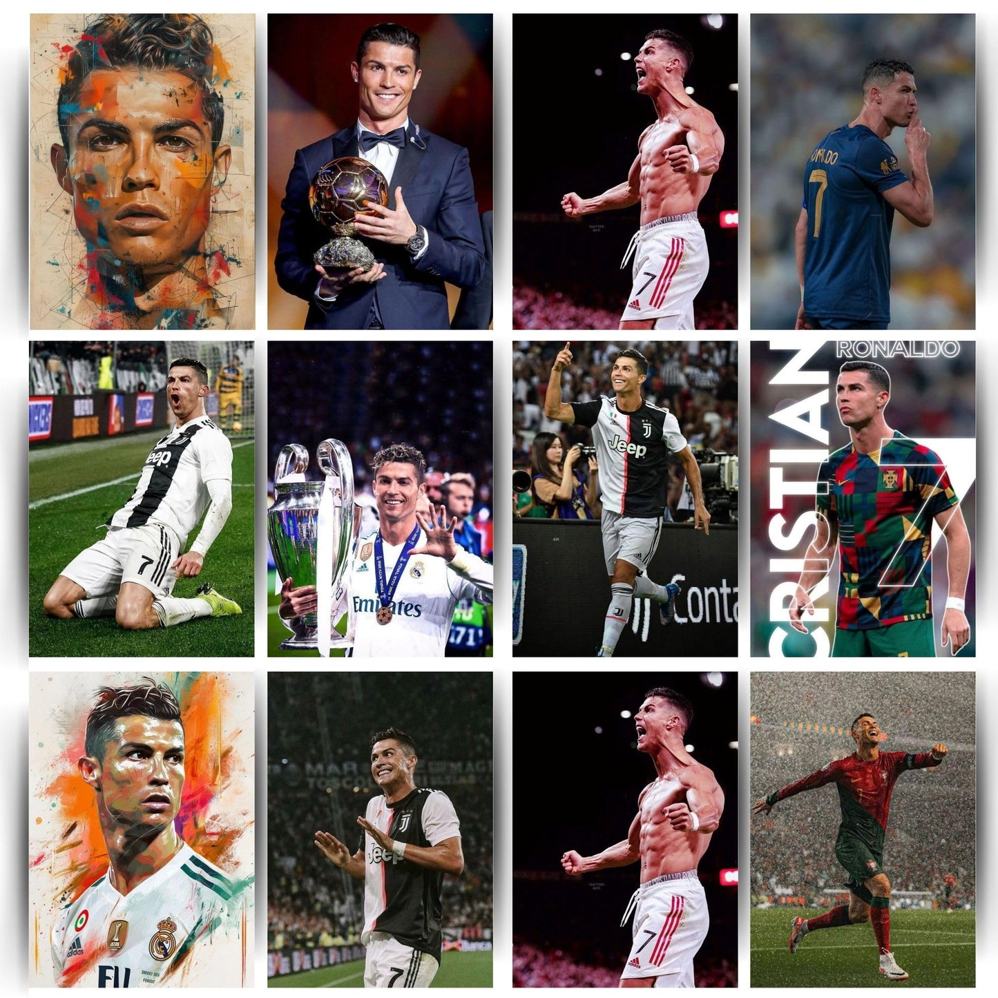 Posters Inc Cristiano Ronaldo Posters Set of 12 | A4 Size 300 GSM HD Print Football Wall Art | Real Madrid, Al Nasser & Portugal Clubs | Room Decor & Birthday Gifts for Men | Glue Dots Included