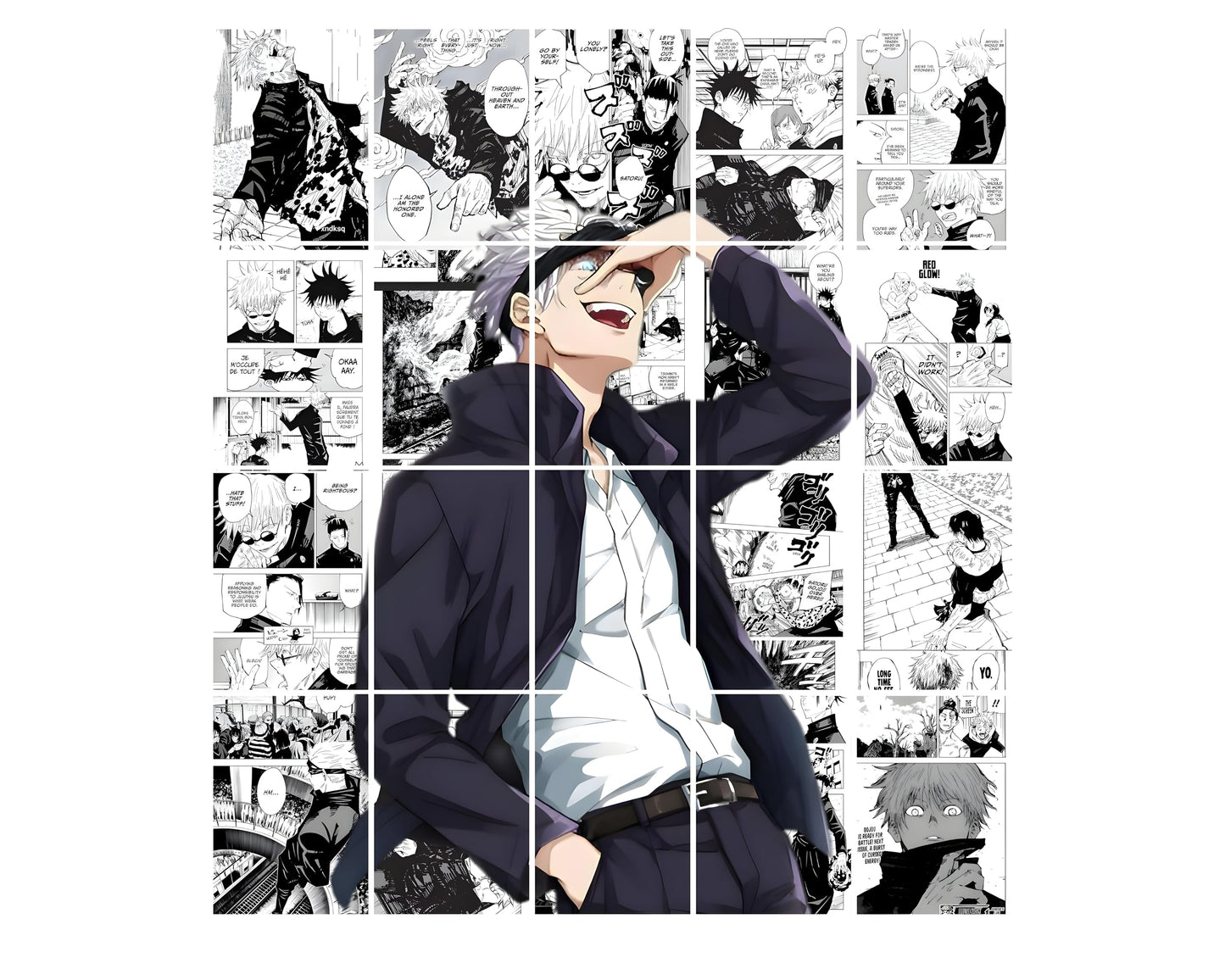 Posters Inc Jujutsu Kaisen Manga Panel Collage Art Kit, Anime Merchandise Wall Decoration Items for Living Room, Home Decor Birthday Gifts for Men, 300 GSM Print, A5 Size Paper with Sticker Set of 20