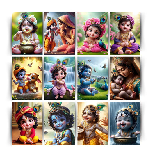 Posters Inc Set of 12 Bal Krishna Stickers – Bal Gopal Cute Baby Posters for Pregnant Women, Kanha Ji HD Print on 300 GSM A4 (8×12 Inch) with Glue Dots, God Posters for Wall Decor, Living Room, Bedroom