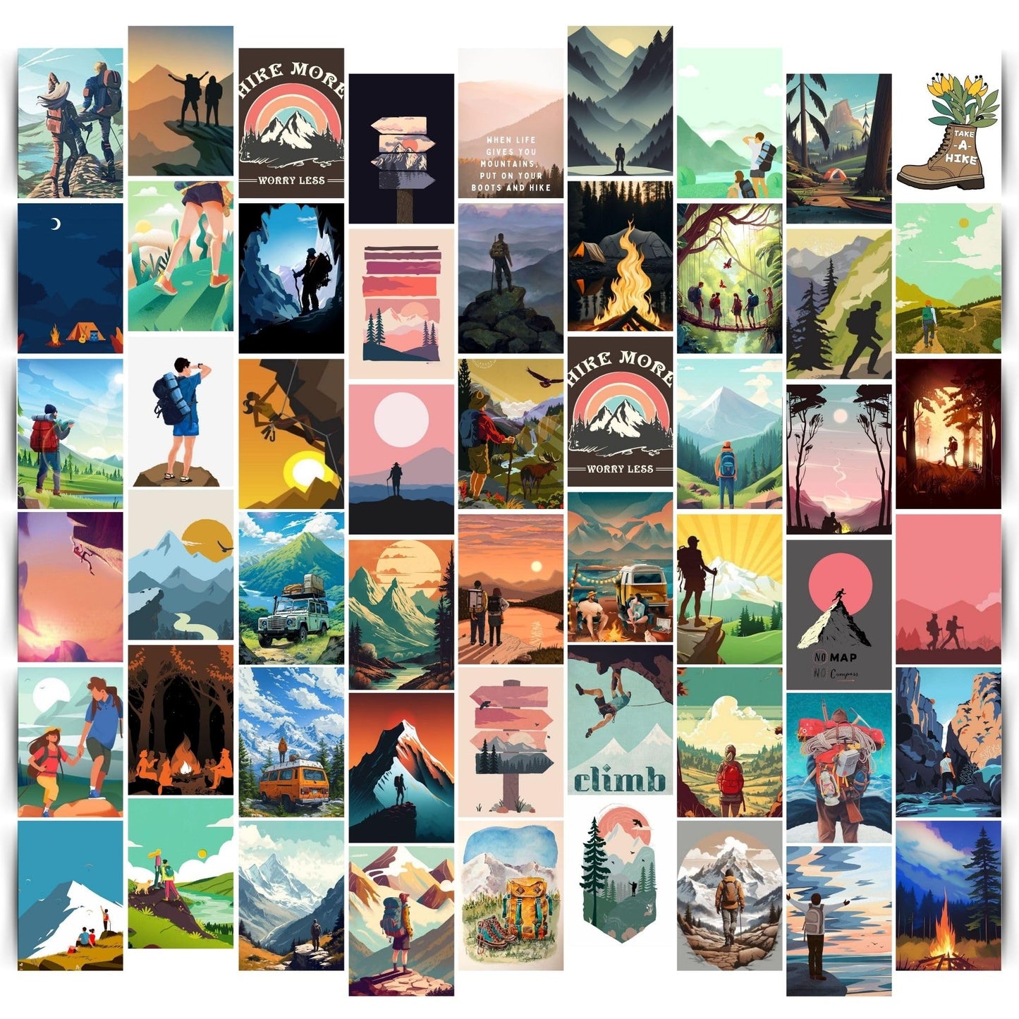 Posters Inc Pack of 54 Travel Hiking Posters, Home Decor Items For Living Room, Aesthetic Wall Stickers For Bedroom And Gym, Gifts For Men And Friends, 4x6 Inches Size Collage Art Kit (Travel)