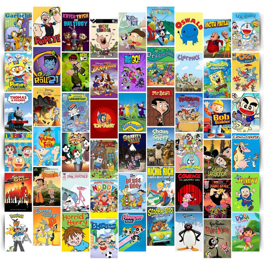 Posters Inc Pack of 54 Nostalgia Cartoon Posters, Home Decor Items For Living Room, Aesthetic Wall Stickers For Bedroom And Kitchen, Gifts For Women And Children, 4x6 Inches Size Collage Art Kit