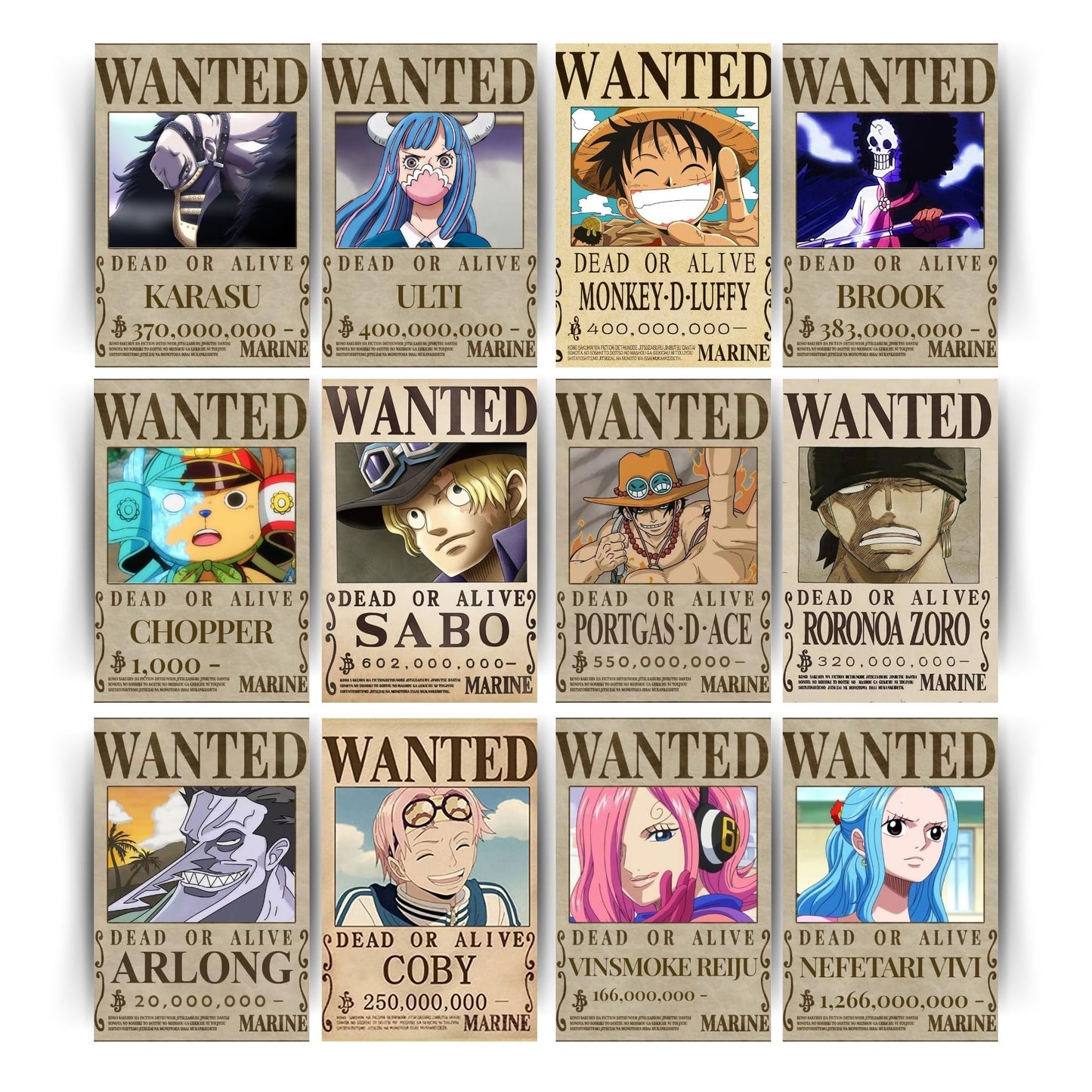 Posters Inc Set of 12 One Piece Wanted Posters for Wall, Home Decoration Items, Aesthetic Wall Stickers for Bedroom, Birthday Gift for Men, 300 GSM A4 Size Paper, Glue Dots Included
