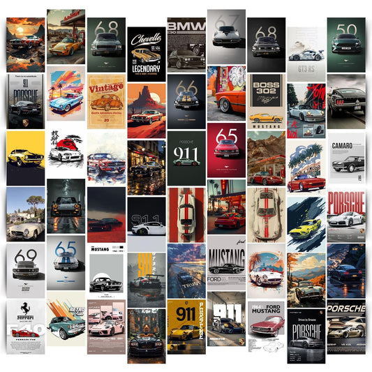 Posters Inc 54 Pcs Vintage Super Cars Posters for Wall Art Collage Kit, Car Pictures and Photos for Room Decor Aesthetic, Small Mini Gaming Poster 300 GSM Matte Paper A6 Size 4x6 Inch with Glue Dots