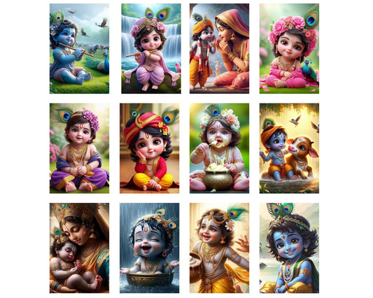 Baby God Bal Krishna Posters A4 Size Pack of 12 With Glue Dots