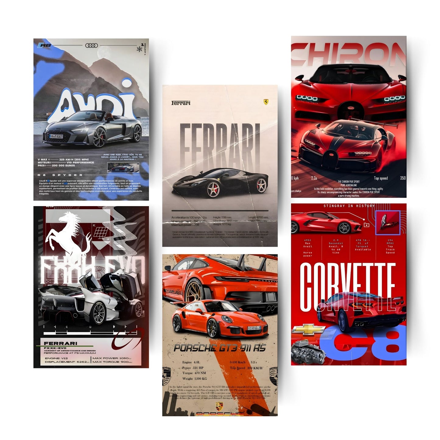 Posters Inc A4 Super Cars Poster Pack of 6 - Room Decor Aesthetic Stuff, Wall Stickers For Home Decoration of Living Room, Bedroom & Office For Motor Sport Enthusiasts - With Glue Dots