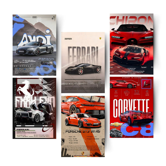 Posters Inc A4 Super Cars Poster Pack of 6 - Room Decor Aesthetic Stuff, Wall Stickers For Home Decoration of Living Room, Bedroom & Office For Motor Sport Enthusiasts - With Glue Dots