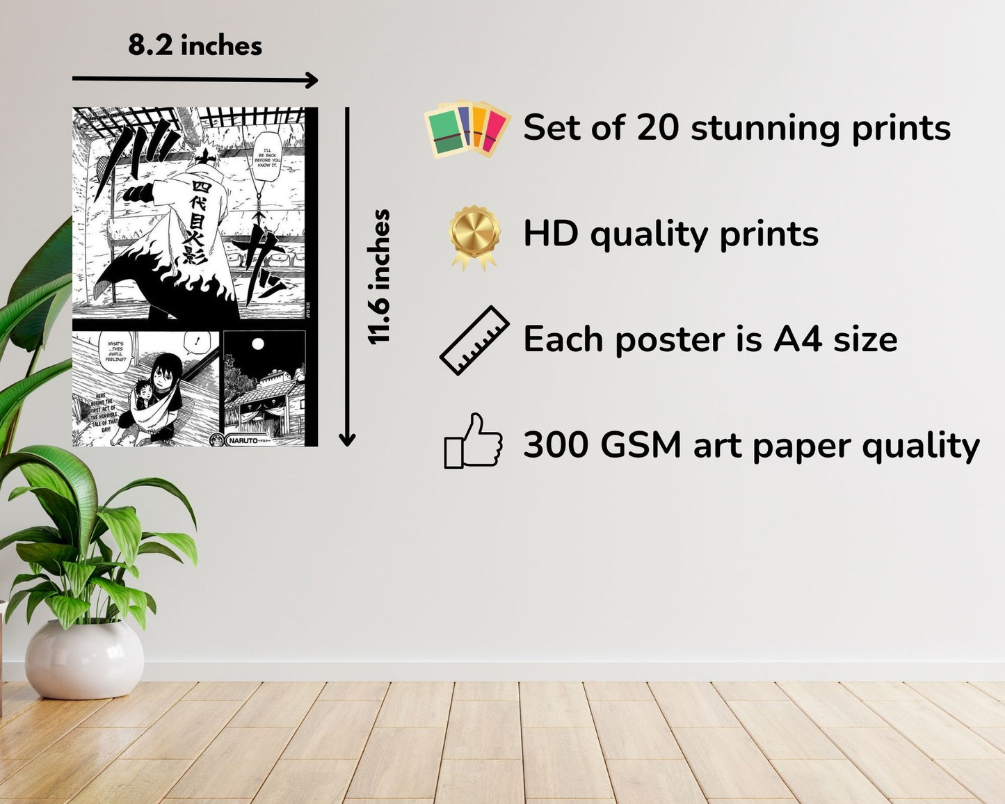 Posters Inc Naruto Posters Manga Panel Collage Art Kit, Anime Merchandise Wall Decoration Items for Living Room, Home Decor Birthday Gifts for Men, 300 GSM Print, A5 Size Paper with Sticker Set of 20