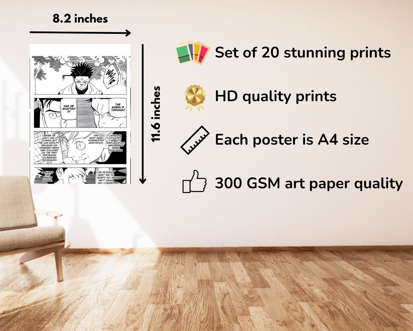 Posters Inc Jujutsu Kaisen Manga Panel Collage Art Kit, Anime Merchandise Wall Decoration Items for Living Room, Home Decor Birthday Gifts for Men, 300 GSM Print, A4 Size Paper with Sticker Set of 20
