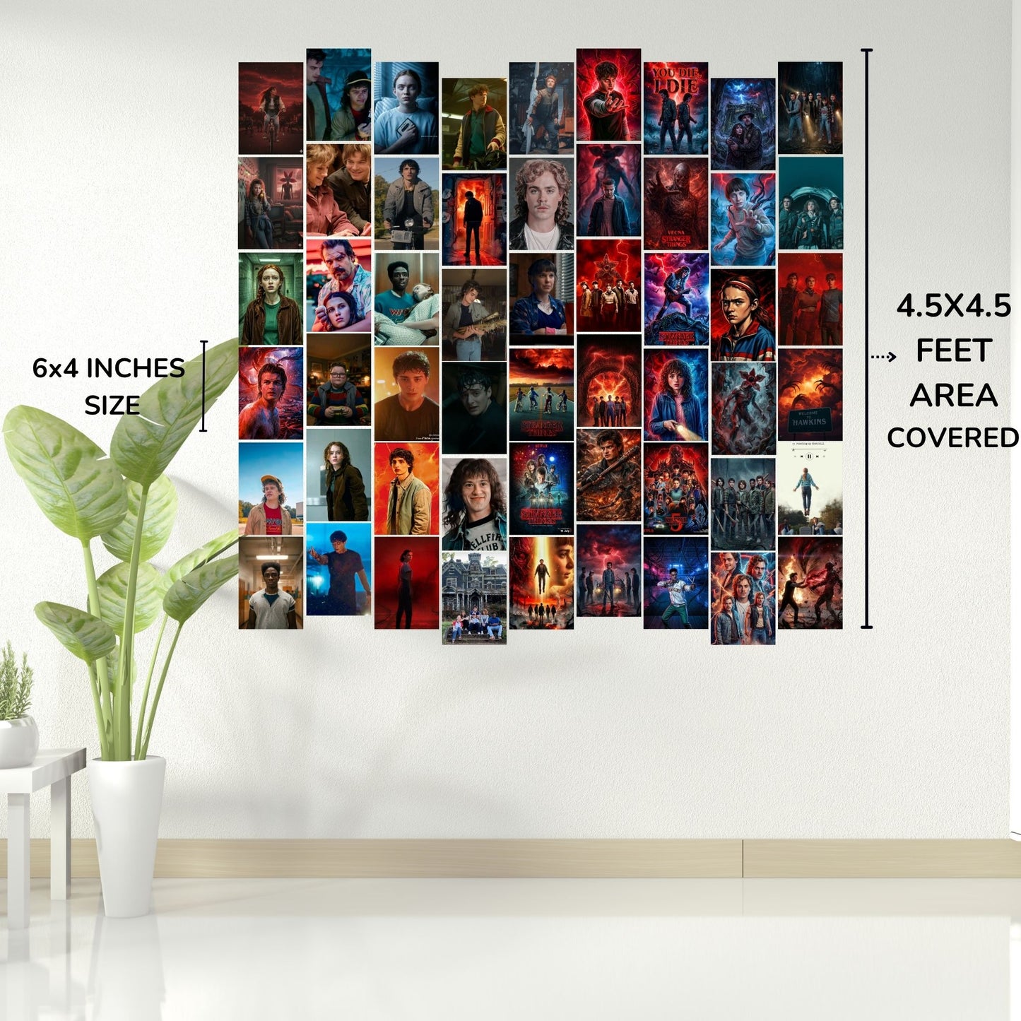 Aonami Stranger Things Character Wall Art Set A6 Size Pack of 54 Posters Printed on 300 GSM Matte Paper HD Graphic Prints Stranger Things Room Decor for Bedroom Study Area Hostel Wall Setup Glue Dots Included